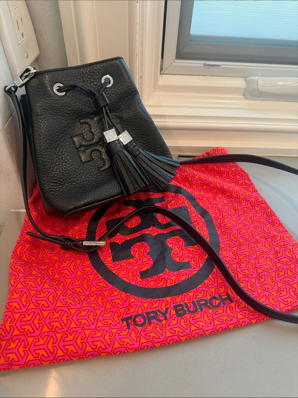 Tory Burch Black Pebbled Leather Mini Thea Tassel Bucket Crossbody